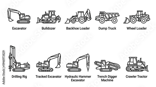 A collection of clean, black and white line art icons depicting various construction vehicles used in heavy industry and infrastructure projects.