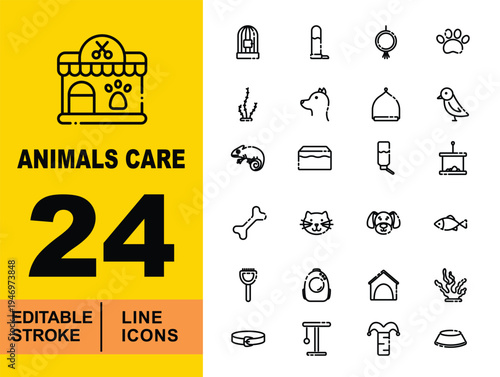 Pet Shop & Aquarium Supplies Icons. Editable stroke vector icons for domestic pet care. Featuring bird cages, aquarium plants, chameleon symbols, pet collars, scratching posts, and feeding bowls 