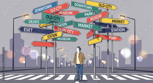 Man standing under many signs.