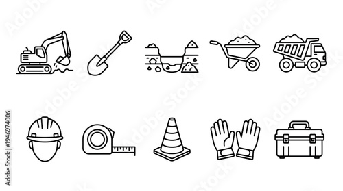 A clean line art icon set depicting various construction tools and equipment, including an excavator, shovel, wheelbarrow, dump truck, hard hat, tape measure, traffic cone, gloves, and toolbox.
