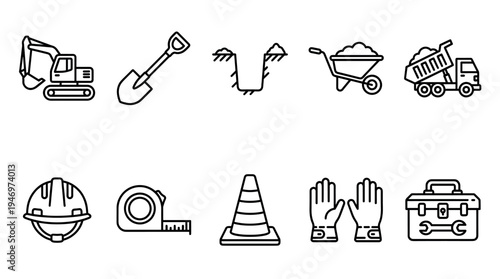 This is a collection of black and white line art icons representing construction tools and equipment, perfect for website designs, infographics, or presentations.