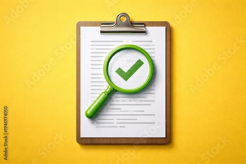 Document verification concept with magnifying glass highlighting approval checkmark on official document