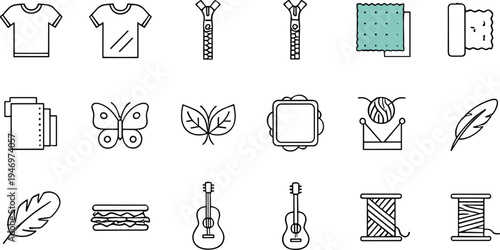 clothing and sewing line icons set, t shirt, zipper, fabric swatch, yarn knitting, guitar, feather, textile outline symbols