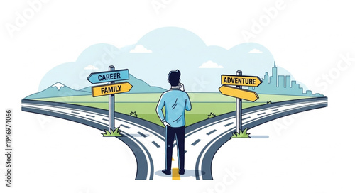 Man stands at crossroads decision.