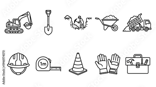 A clean, vector icon set depicting various construction equipment and tools, ideal for illustrating building projects, labor, or industrial themes.