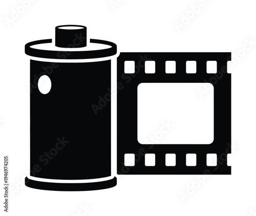 Vector showcasing a black film canister next to a strip of exposed film