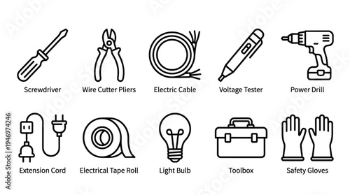 A clean, minimalist set of line art icons depicting common tools and electrical equipment on a white background, perfect for design projects.