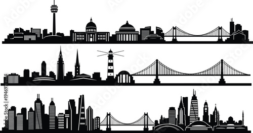 Cityscape skyline silhouettes with iconic towers, domes, bridges, skyscrapers, architectural landmarks, urban skyline illustration, global metropolitan diversity, cad drawing flat vector illustration