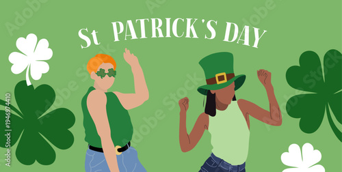 Ensemble vectoriel pour la fête de la Saint-Patrick mettant en scène 2 femmes déguisés et dansant, vêtues de vert.