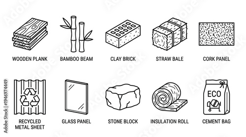 This set of line art icons depicts various construction materials including wood, bamboo, brick, straw, cork, metal, glass, stone, insulation, and cement, presented on a white background for clarity.