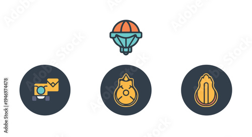 Set of 4 delivery and shipping vector icons with a hot air balloon, mail truck, package, and avocado, ideal for logistics and e-commerce designs