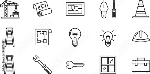 construction and engineering line icons set, crane, blueprint, light bulb idea, tools, ladder, helmet, window, safety outline