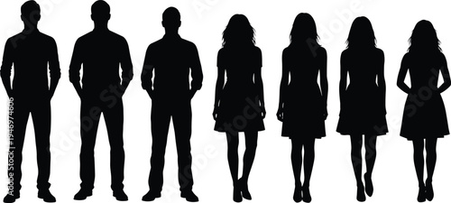 Diverse men and women standing in lineup silhouette set, full body human figures isolated on white background people collection concept