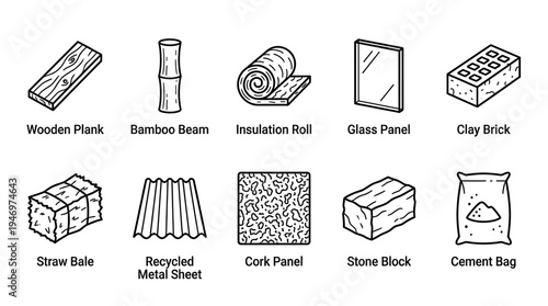 A collection of clean, isometric line art icons representing various construction materials, including wood, bamboo, insulation, glass, brick, straw, metal, cork, stone, and cement.