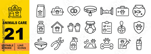 Pet Accessories & Veterinary Care Icons. Editable stroke vector icons for pet ownership. Featuring dog harnesses, carrying cases, grooming clippers, medical records, pet collars, and animal food