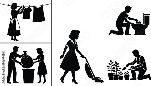 Household Chores Silhouette Set with Cleaning Vacuum Laundry Gardening and Toilet Maintenance Daily Home Activities Isolated on WhiteHousehold Chores Silhouette Set with Cleaning 