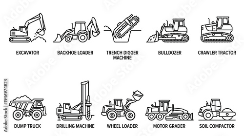 A collection of clean line art icons showcasing various heavy construction vehicles like excavators, bulldozers, and trucks, ideal for industry presentations.