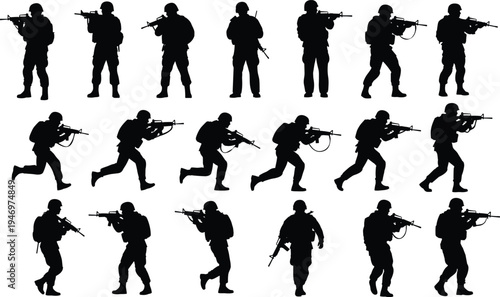 Military soldier silhouettes collection with army combat poses holding rifles, tactical infantry soldiers isolated on white background