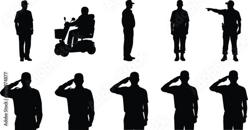 Military soldier silhouettes set including saluting army personnel and disabled veteran with mobility scooter isolated on white background