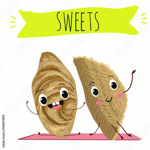 Funny Characters Shekerbura, Badambura dessert, hand drawn vector illustration.