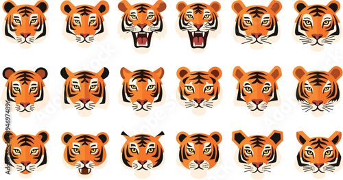Large set of tiger head vector icons, various facial expressions and roaring tiger faces, orange wild cat avatars for mascots, logos and stickers.
