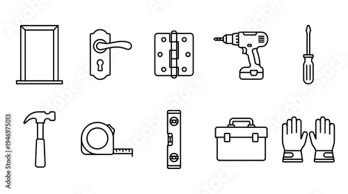 A collection of black and white line art icons depicting essential home renovation and repair tools and supplies arranged in two rows.