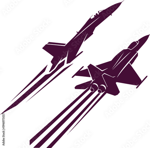 Two fighter jets flying through air, showing speed and strength, military aircraft