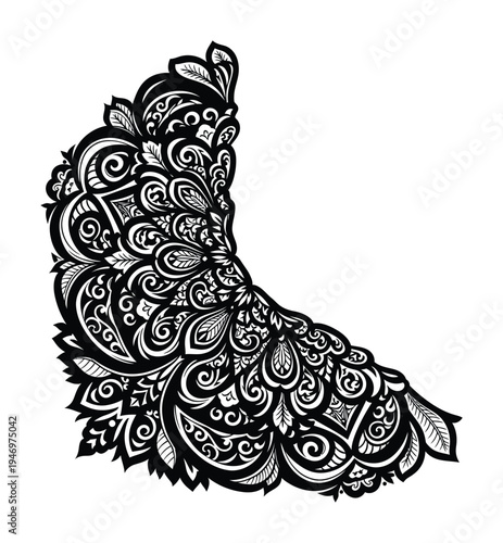 An intricate vector design of a peacock filled with elaborate paisley patterns in