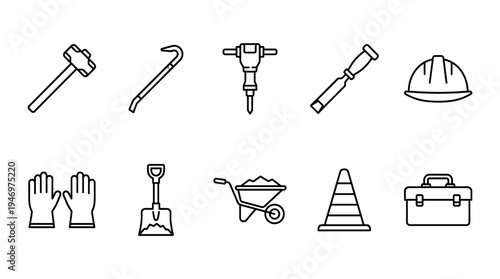 A clean line art illustration of various construction tools including a hammer, crowbar, jackhammer, chisel, hard hat, gloves, shovel, wheelbarrow, traffic cone and toolbox.