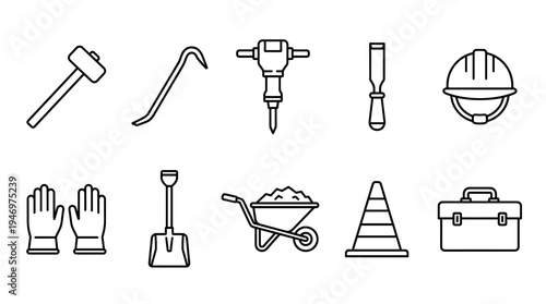 A collection of flat design icons representing various construction tools, including a sledgehammer, crowbar, jackhammer, chisel, hard hat, gloves, shovel, wheelbarrow, traffic cone, and toolbox.