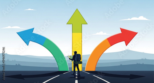 Man standing on road with arrows.