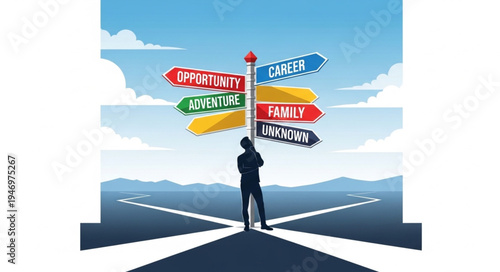 Man standing on road with signs.