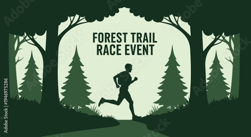 Forest Trail Running Race Event Illustration In The Woods With Silhouette Runner In Motion