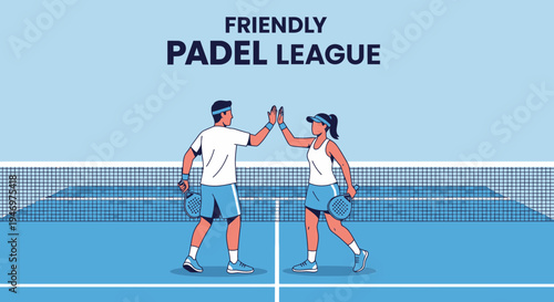 Friendly Padel League Players Celebrating High Five On Blue Court During A Match