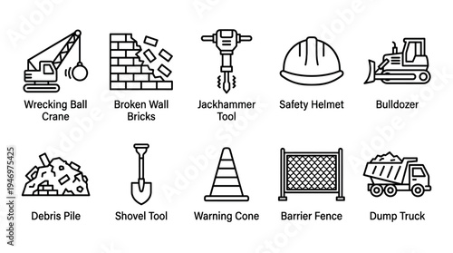 A collection of simple outline icons representing construction and demolition tools, including a wrecking ball crane, bulldozer, jackhammer, safety helmet, and more.