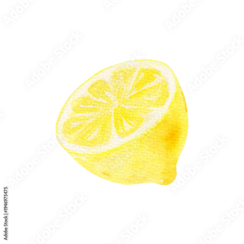 Hand painted watercolor lemon half isolated on transparent background. Fresh citrus slice illustration ideal for kitchen graphics, food packaging, menus, summer designs and botanical compositions.