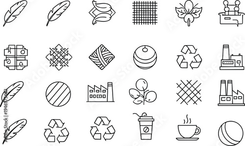 eco textile and industry line icons set, recycling symbol, fabric texture, feather, factory, coffee cup, sustainability outline