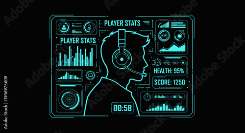 Futuristic Gamer Silhouette With Player Stats Displayed In Neon Turquoise.