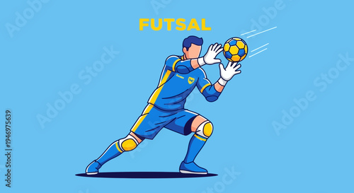 Futsal Goalkeeper Catching a Soccer Ball Against a Bright Blue Background Illustration