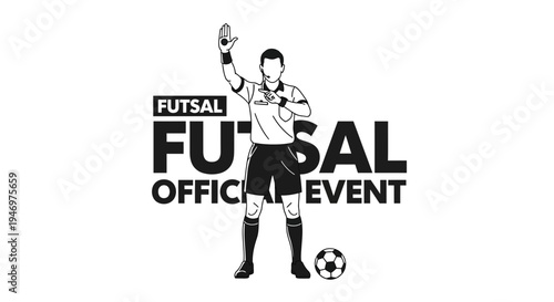 Futsal Official Event Featuring Referee Signaling a Foul in Black And White Illustration