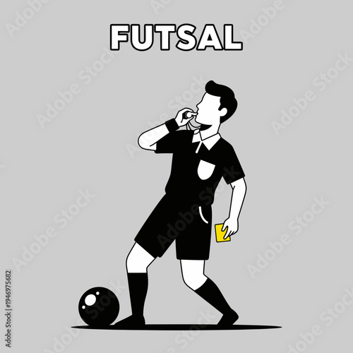 Futsal Referee Signaling a Foul and Displaying a Yellow Card with Soccer Ball Present
