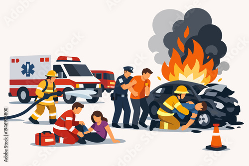 Emergency Responders at a Burning Car Crash Scene with Firefighters Extinguishing Flames, Paramedics Treating Injured Victims, Police Arresting a Suspect, and Ambulance in a Flat Vector Style.