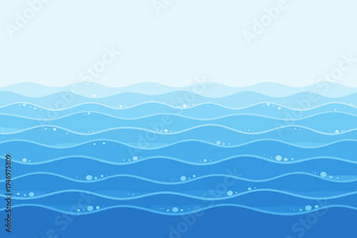 Abstract Blue Water Waves Background with Seamless Pattern, Simple Flat Vector Illustration of Ocean Ripples and Sea Surface with Bubbles for Summer Travel, Marine Nature, and Coastal Theme.