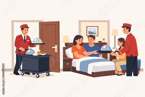 Hotel Room Service Illustration with Staff Delivering Food on Trays and Carts to Guests in Bedroom. Professional Hospitality Service, Bellhops Serving Meals in Luxury Resort Flat Vector Design.