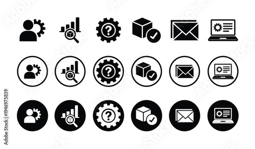 Professional system management icons: user settings, data audit, help gear, block logistics, and email alerts. Minimalist black and white vector graphics for software and supply chain apps.