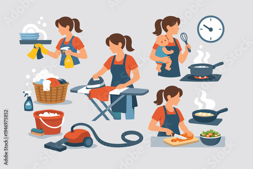 Busy Housewife and Mother Performing Daily Household Chores and Childcare Tasks, Including Cooking, Cleaning, Ironing, Laundry, Vacuuming, and Washing Dishes, Flat Vector Illustration Design