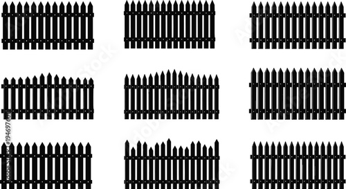 Black wooden picket fence silhouette icons set with different border styles and pointed tops isolated on white background for garden landscaping and backyard architecture design