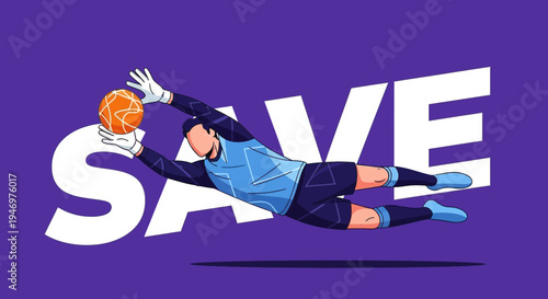 Goalkeeper Diving To Save Soccer Ball Illustration on Purple Background Design