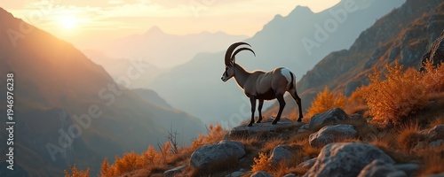 Majestic ibex stands on rocky mountain peak at sunset. Autumn colors on hillsides. Blue haze in valleys below. Animal watches quiet landscape.