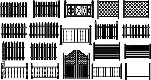 Collection of Black Garden Fence Silhouettes Including Picket Vinyl Wood and Metal Gate Designs for Backyard Landscaping Border Architecture Exterior House Decor and Vector Illustration